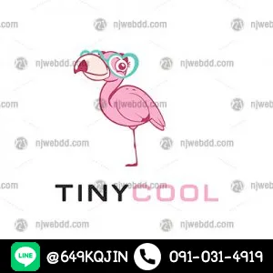 โลโก้ TINYCOOL รูปฟลามิงโก้การ์ตูนสีชมพูหวานใส่แว่นตาสีฟ้า