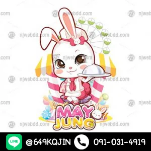 โลโก้ MayJung กระต่ายในชุดเข้าครัว ธีมชุดสีชมพูหวาน พื้นหลังงานเทศกาลเพิ่มความสดใส